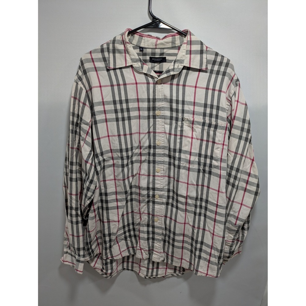 Mens Burberry‎ London Nova White Checkered Button Down Long Sleeve Shirt Size XL